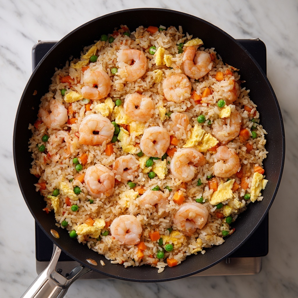 A white bowl filled with shrimp fried rice showing one base layer of light brown cooked rice mixed with small orange carrot cubes and bright green peas scattered evenly throughout. There are medium-sized white shrimp with a slight pink tint placed on top, combined with scrambled yellow egg pieces mixed within the rice. The bowl is placed on a white marbled surface. photo taken with an iphone --ar 4:5 --v 7