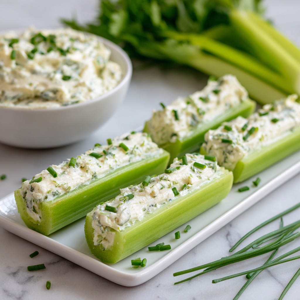 The image shows seven light green celery sticks, each filled with a thick layer of creamy white cheese mixed with small green and black herbs, creating a speckled texture. The celery sticks are neatly arranged on a white rectangular plate with a subtle grid pattern. Small pieces of chopped green chives are sprinkled on top of the cheese filling and scattered around the plate. In the background, a small white bowl with more of the same creamy mixture and a piece of whole celery stalk can be partially seen. The whole setting is placed on a white marbled surface. photo taken with an iphone --ar 4:5 --v 7