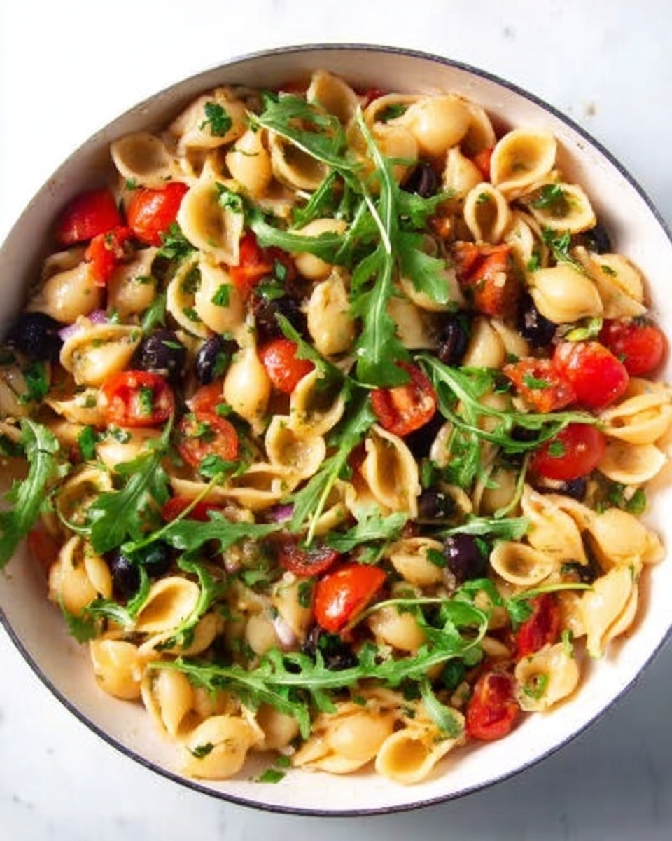 A white plate filled with a colorful pasta dish, featuring several layers: the base layer is round, smooth pasta shells in a light orange sauce; scattered on top are bright red cherry tomatoes, both whole and halved, adding a juicy texture; dark purple olives provide contrast and depth; green arugula leaves are sprinkled over the dish, adding freshness and a slightly rough texture; small light brown chickpeas are also mixed in, giving a firm look; the sauce glistens lightly on the pasta and vegetables, and the whole plate sits on a white marbled surface with a striped cloth partly visible underneath. Photo taken with an iphone --ar 4:5 --v 7