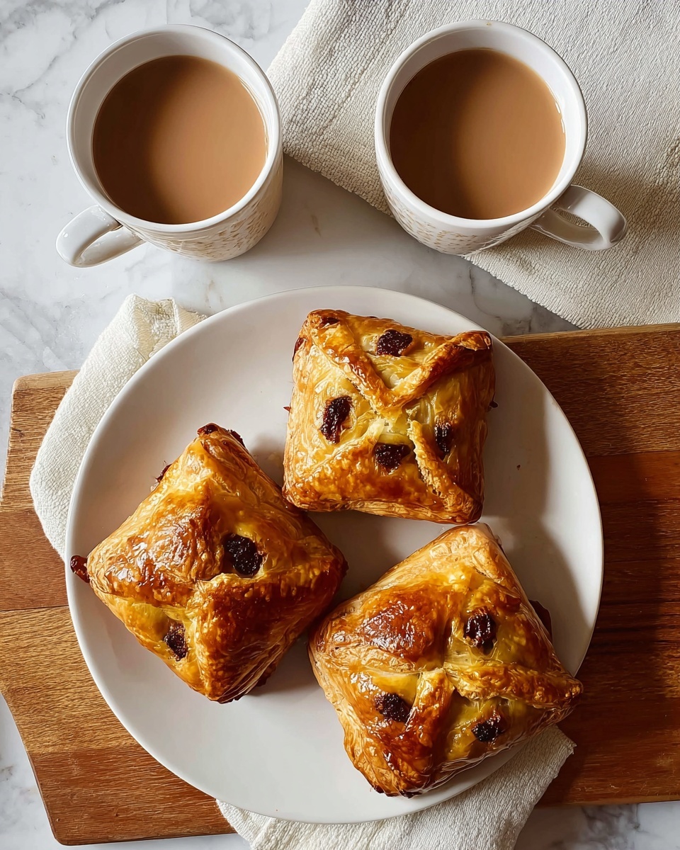 Four golden brown square pastries with slightly crisp, flaky texture sit on a round white plate, each with four corners folded over revealing small dark brown spots where filling peeks through. The plate is placed on a wooden board with two filled white mugs of light brown coffee positioned above it. The background is a white marbled surface with a white cloth underneath the wooden board. Photo taken with an iphone --ar 4:5 --v 7