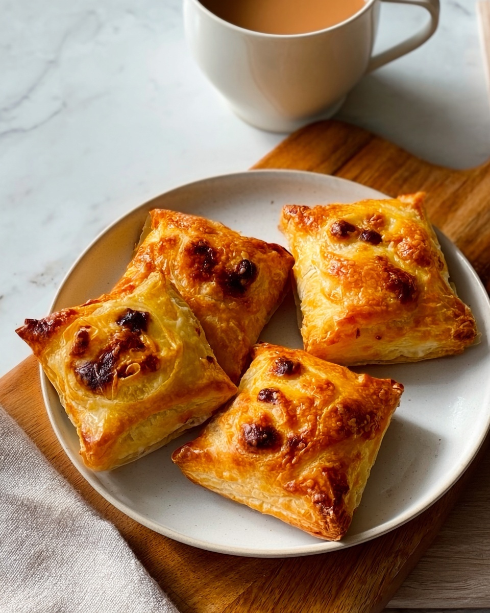 Four golden brown square pastries sit on a simple white plate, each with slightly puffed, flaky layers and small darker spots where the pastry has browned more. The pastries have small corners folded over and a textured crispy surface, giving a freshly baked look. The plate rests on a wooden board which is placed on a white marbled surface. In the upper part of the image, a white cup filled with light brown tea or coffee is partially visible. The scene has soft natural light, highlighting the warm tones of the pastries. Photo taken with an iphone --ar 4:5 --v 7