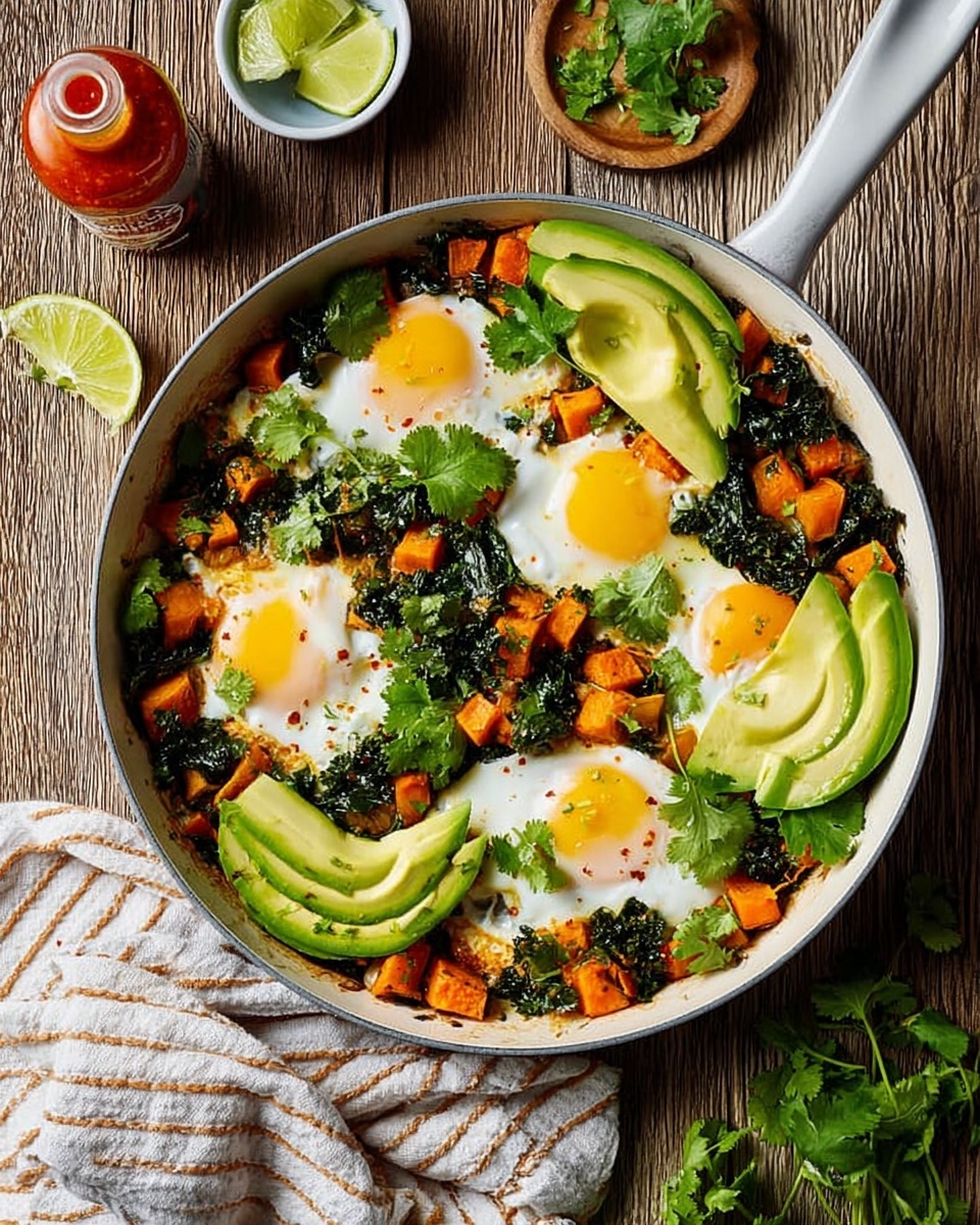 A white pan filled with four sunny-side-up eggs with bright yellow yolks, surrounded by cooked dark green kale and orange sweet potato cubes. On top of the eggs and vegetables, there are light green avocado slices arranged evenly, and fresh cilantro leaves scattered for garnish. The pan rests on a white marbled surface, with a gray and white striped cloth on the right side of the pan handle. In the background, there is a wooden bowl with lime wedges and some green cilantro leaves scattered nearby. Photo taken with an iphone --ar 4:5 --v 7