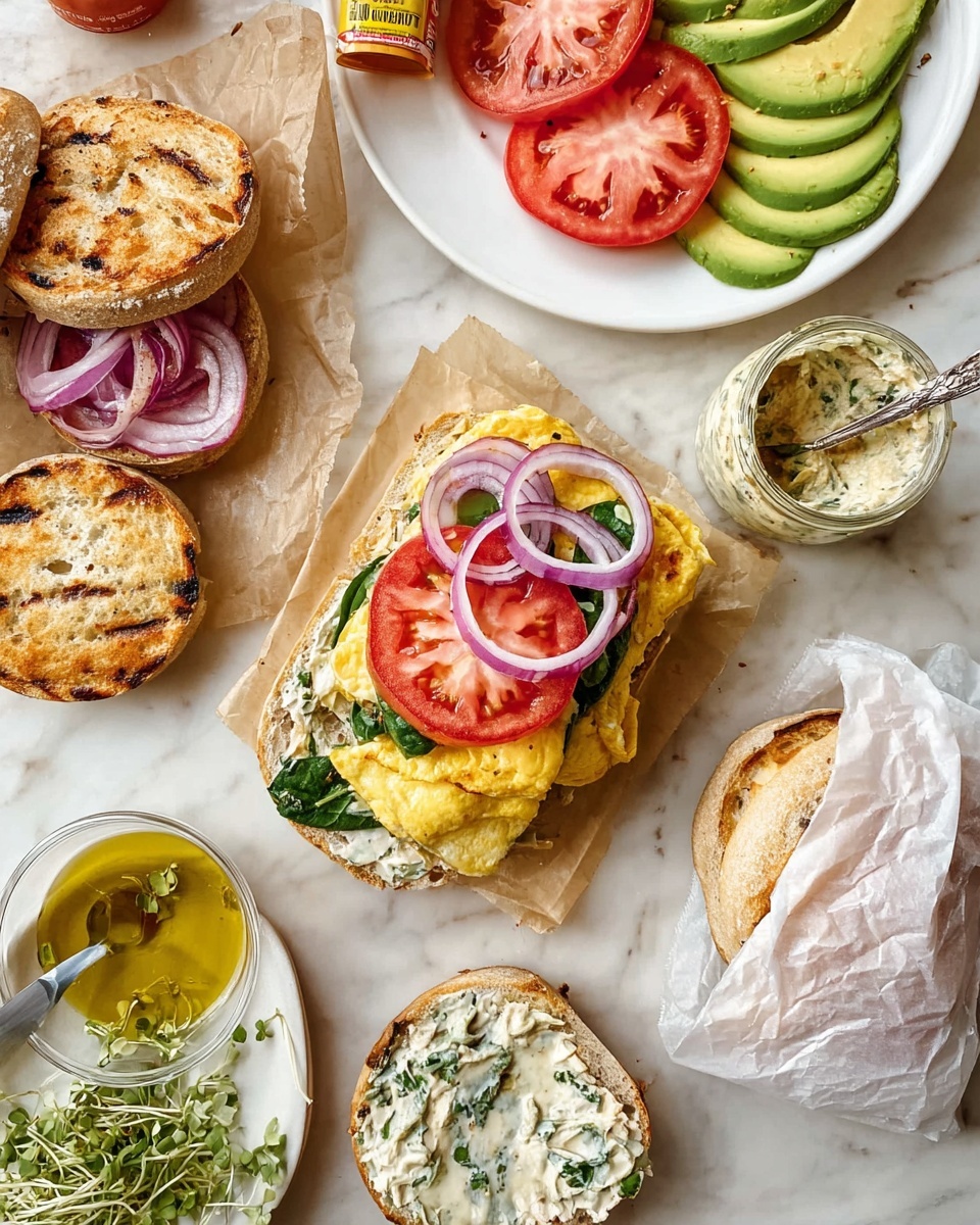 The image shows an open sandwich on a toasted English muffin laid on a white marbled surface. The sandwich has three visible layers: the bottom layer is a toasted muffin with a creamy white spread that has green herbs mixed in; the middle layer is a folded yellow omelet with visible spinach leaves; on top of the omelet are two bright red tomato slices and three purple onion rings placed neatly. Around the sandwich, there are more halved toasted English muffins, a small bowl of the same creamy herb spread with a silver spoon inside, a bottle of hot sauce, and a wrapped sandwich in parchment paper. To the side, there is a white plate with layers of green avocado slices, red tomato slices, and purple onion rings. A white dish with olive oil and green microgreens is also visible in the background. The whole setup is on a white marbled surface. photo taken with an iphone --ar 4:5 --v 7