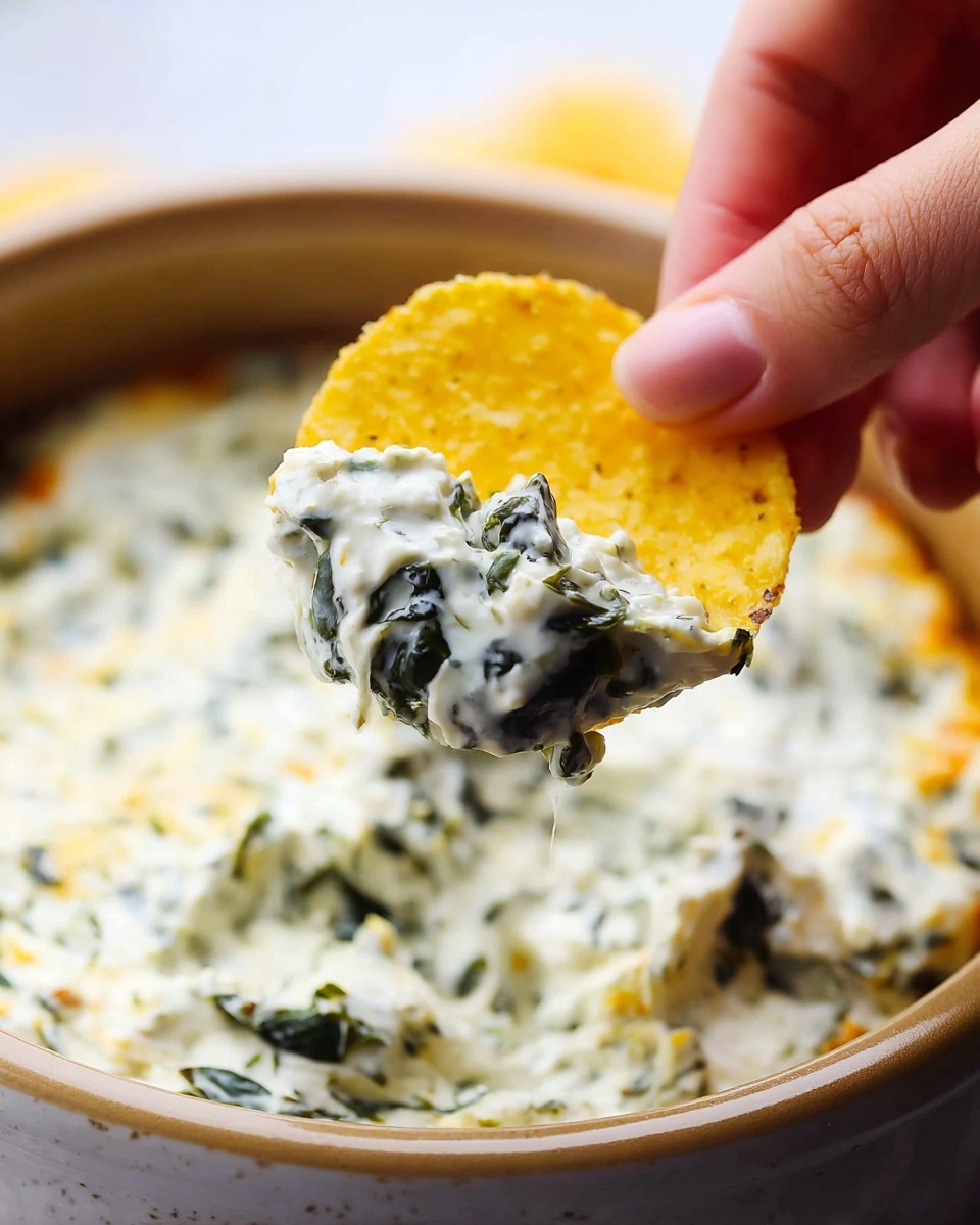 A close-up view of a white bowl filled with creamy spinach and artichoke dip, showing a thick layer of white and green mix made up of melted cheese, spinach leaves, and artichoke pieces. The dip has some black pepper sprinkled on top, adding tiny dark specks. To the left, a woman's hand holds a round yellow tortilla chip partially dipped into the creamy mixture. The bowl sits on a white marbled surface. Photo taken with an iphone --ar 4:5 --v 7