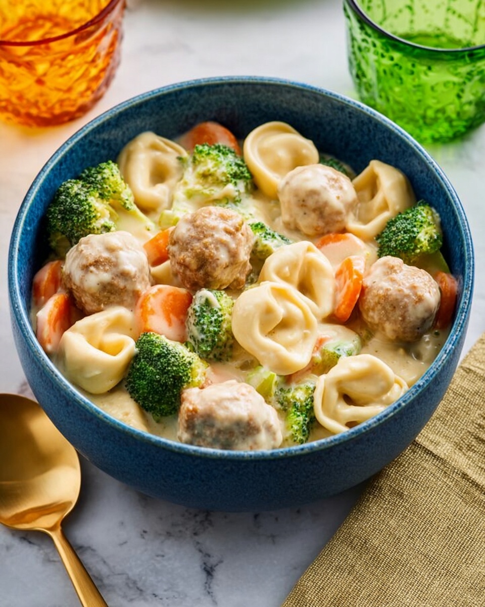 A blue bowl filled with a creamy dish that has three main layers: small meatballs that are light brown and round, white tortellini pasta with a smooth texture, and vegetables including bright green broccoli florets and long, thin orange carrot slices. The ingredients are mixed together and covered in a light beige sauce, giving the dish a soft and creamy look. The bowl sits on a white marbled surface, next to a gold spoon on a beige cloth napkin, with a green glass and an orange glass blurred in the background. Photo taken with an iphone --ar 4:5 --v 7