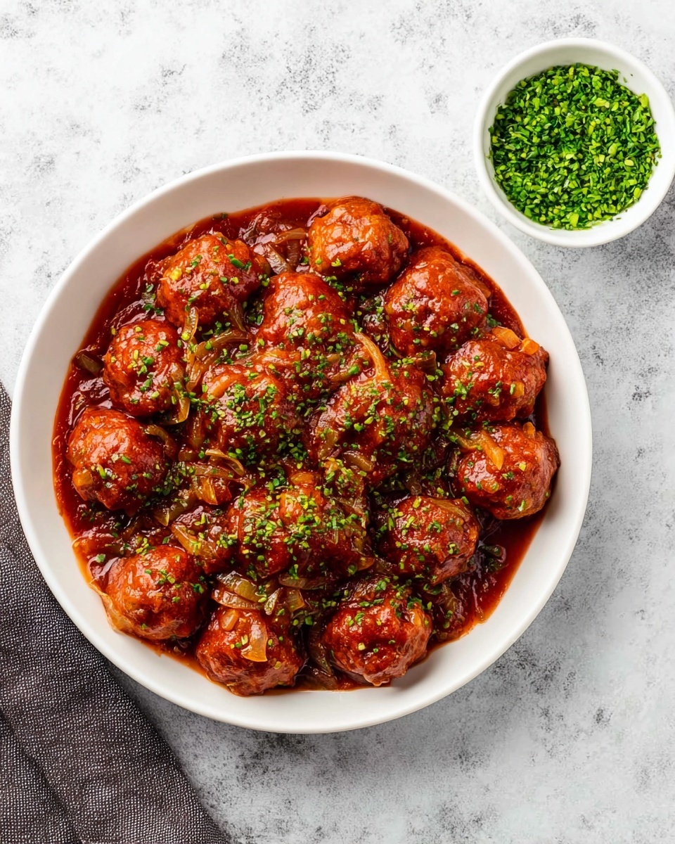 A white bowl filled with small round meatballs covered in a thick red sauce with visible small pieces of onion mixed in. The sauce looks glossy and rich, and the dish is sprinkled with finely chopped green herbs on top. Next to the bowl is a small white cup filled with finely chopped green herbs. The setting is on a white marbled surface. photo taken with an iphone --ar 4:5 --v 7