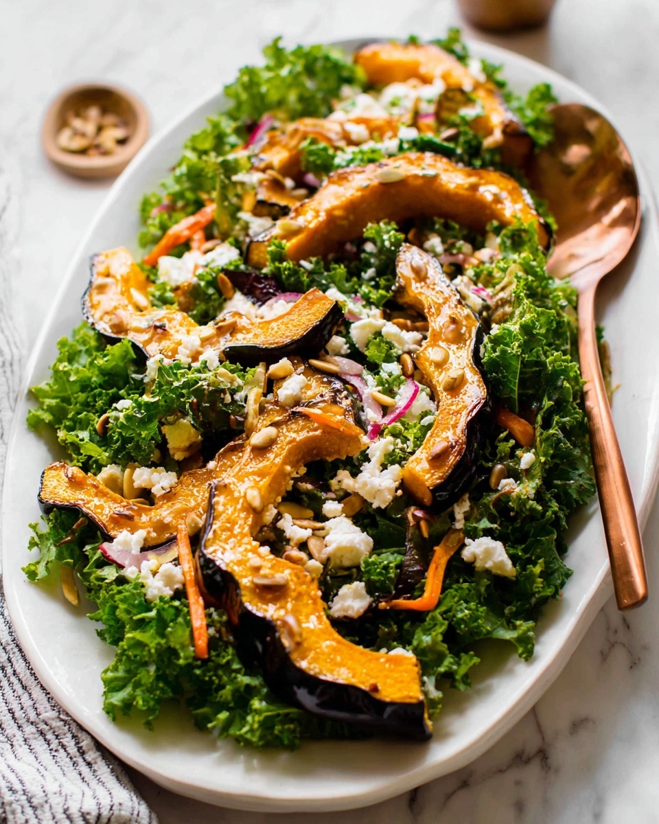 The dish shows a white oval plate filled with a layered salad. The bottom layer is made of dark green curly kale leaves, with small bits of shredded purple cabbage and orange carrot mixed in, giving a mix of colors and texture. On top, there are several thick, roasted orange squash slices with darker brown edges. Scattered over the salad are small white crumbles of cheese, dark tiny dried fruits, and light beige sunflower seeds. The plate sits on a white marbled surface, with copper-colored salad servers placed to the left and a torn piece of bread on a wooden board in the upper right corner. photo taken with an iphone --ar 4:5 --v 7