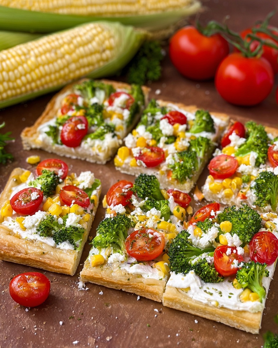 The image shows several square slices of a flat crust topped with three visible layers: a base layer of golden, flaky crust, a middle layer of creamy white spread, and a top layer with fresh green broccoli florets, bright red halved cherry tomatoes, small yellow corn kernels, and white crumbled cheese, with small green chive pieces sprinkled over. The slices rest on a brown paper surface, and the background has an ear of corn and a red tomato slightly out of focus. photo taken with an iphone --ar 4:5 --v 7