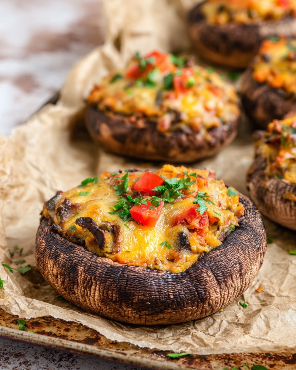 The image shows a large dark brown mushroom cap as the base layer, with deep wrinkles and a rough texture. The second layer consists of a thick, creamy, melted cheese mixture that fills the mushroom cavity, showing golden brown spots where it is baked. Scattered on top are small pieces of bright red tomatoes and fresh green parsley leaves as a garnish, adding color contrast. The dish is set on crinkled light brown parchment paper over a white marbled surface, with more stuffed mushrooms blurred in the background. photo taken with an iphone --ar 4:5 --v 7