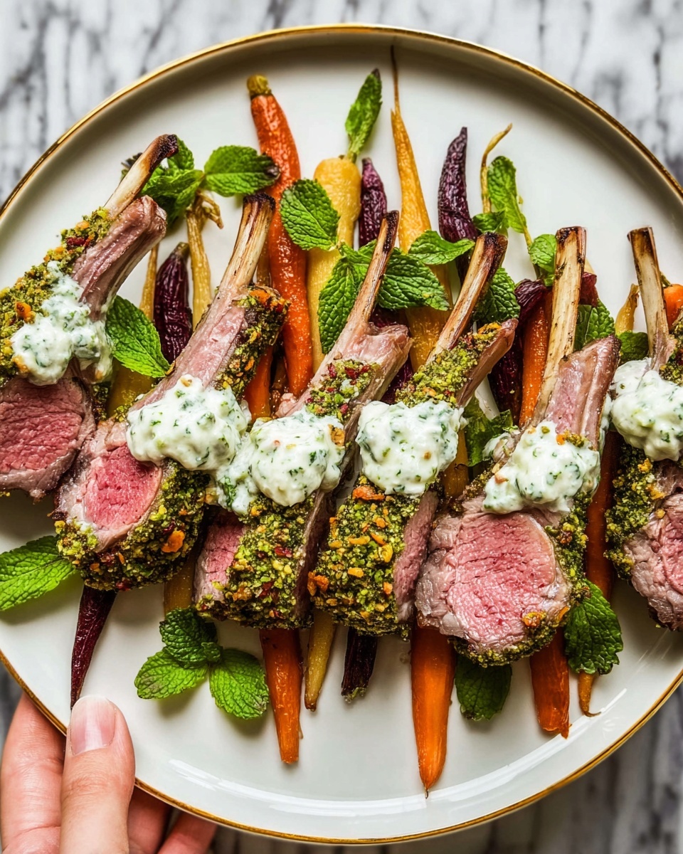 The dish shows six lamb chops placed in a row on a white plate with a thin gold rim. Each chop is coated with green herb crust on the outer edge and has a pinkish, tender center. Dollops of white sauce with green herb bits sit on top of each chop. Underneath and around the lamb chops, there is a layer of cooked baby carrots in orange, purple, and light yellow colors, along with scattered mint leaves for garnish. The plate rests on a surface with a white marbled texture and a woman's hand is partly visible holding the edge of the plate. photo taken with an iphone --ar 4:5 --v 7