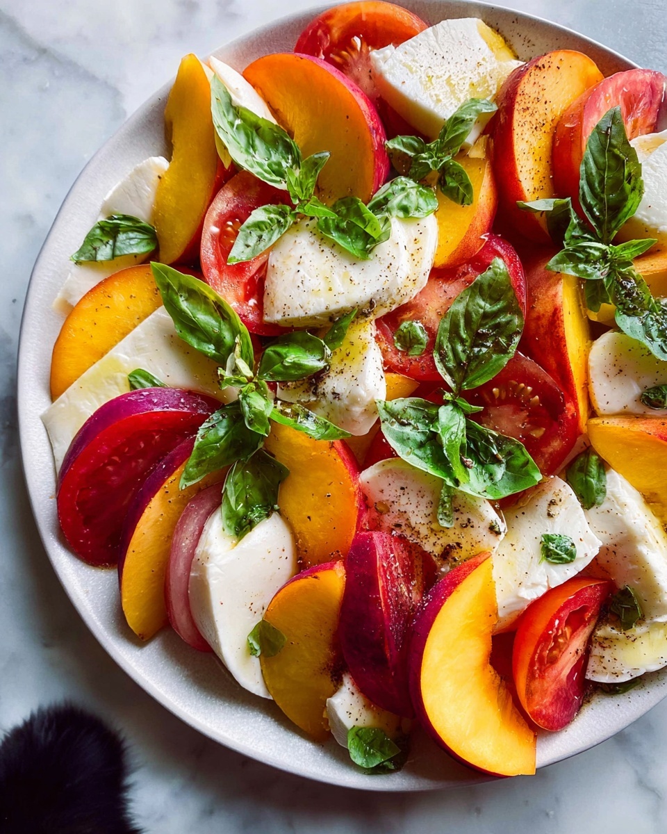A white plate on a white marbled background holds a colorful peach and tomato salad. The salad has three main layers that repeat throughout: thick slices of soft white mozzarella, bright orange and yellow peach wedges with smooth skin, and red tomato slices showing their juicy inside. Scattered over these layers are fresh, deep green basil leaves adding a pop of color and small texture. The salad is lightly sprinkled with black pepper and a drizzle of olive oil gives a slight shine to the fruit and cheese. At the bottom edge of the image, the black snout of a dog peeks up towards the plate. Photo taken with an iphone --ar 4:5 --v 7