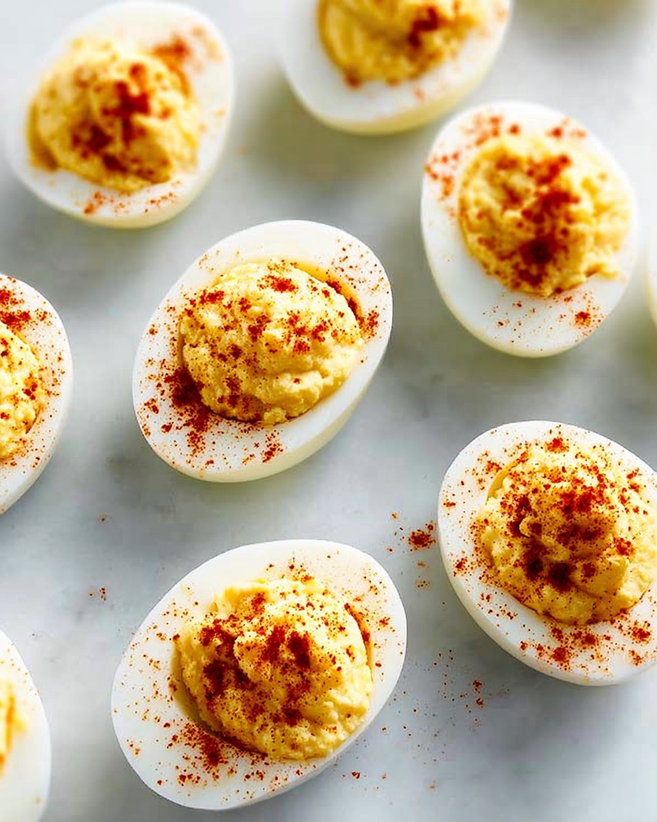 The image shows several white egg halves arranged on a white marbled surface. Each egg half is filled with a creamy, light yellow mixture that looks smooth but slightly textured. On top of the filling, there is a sprinkle of reddish-orange spice, evenly distributed on each egg half. The eggs are placed in a scattered, neat pattern with enough space between them to see the marbled background clearly. photo taken with an iphone --ar 4:5 --v 7