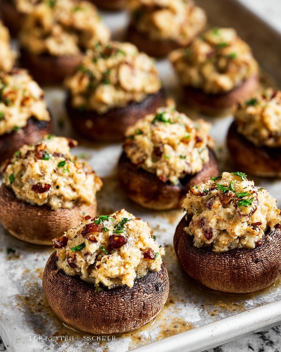 This image shows several stuffed mushrooms arranged closely on a baking tray with a white marbled texture in the background. Each mushroom has a dark brown, slightly textured base with a smooth, rounded cap. They are filled with a creamy, light beige mixture that has visible bits of finely chopped nuts, herbs, and cheese, giving it a slightly crumbly and moist appearance. The filling is heaped on top of each mushroom, forming a small, uneven mound that extends just beyond the edges of the caps. Small green herb pieces are sprinkled over the tops, adding a touch of color. The mushrooms look cooked, with some slight browning on the tips of the filling and subtle juices pooling around the mushroom bases. photo taken with an iphone --ar 4:5 --v 7