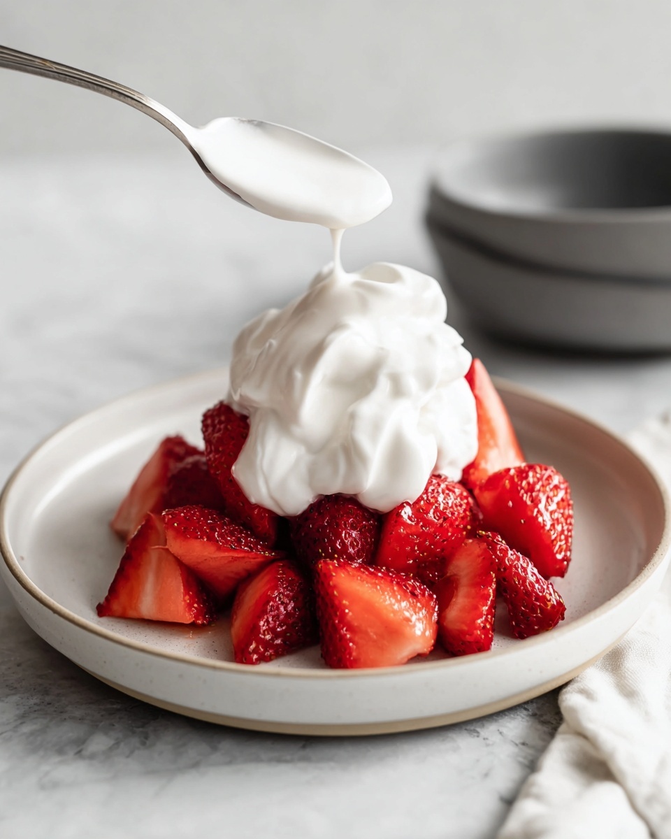 A light grey speckled bowl filled with smooth, thick white cream swirled gently to form soft peaks, with a silver spoon resting partially inside the cream on the right side. In the background on a white marbled surface, there is a dark grey plate with bright red strawberries cut in halves and quarters scattered on it. The scene is bright and clean, with a soft natural light highlighting the textures of the cream and strawberries, photo taken with an iphone --ar 4:5 --v 7