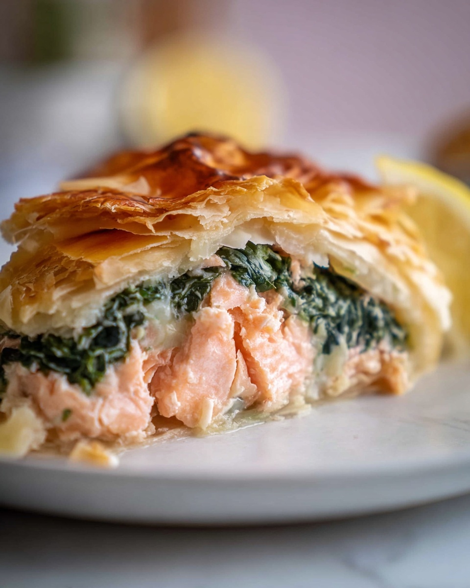 A close-up of a slice of salmon en croute on a white plate, showing four clear layers: the bottom layer is flaky, light pink cooked salmon with a moist texture, topped with a vibrant dark green layer of cooked spinach, then a creamy pale layer of melted cheese or sauce, all wrapped in a golden-brown crispy puff pastry crust on top with flaky texture. A small part of a lemon wedge appears on the right edge, and the background features a white marbled surface, softly blurred. Photo taken with an iphone --ar 4:5 --v 7