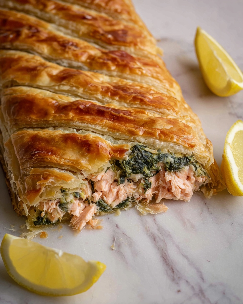 A white plate with a flaky pastry slice on the right showing three layers: a golden crunchy outer crust, a green leafy spinach middle layer, and a pink cooked fish core. Next to the pastry on the left is a small pile of creamy cooked spinach with a silver fork beside it. A lemon wedge with a yellow rind and light yellow flesh sits under the pastry slice. The plate has scattered black pepper and pastry crumbs. The background is a white marbled surface with a partial view of another plate with similar food at the top right. Photo taken with an iphone --ar 4:5 --v 7