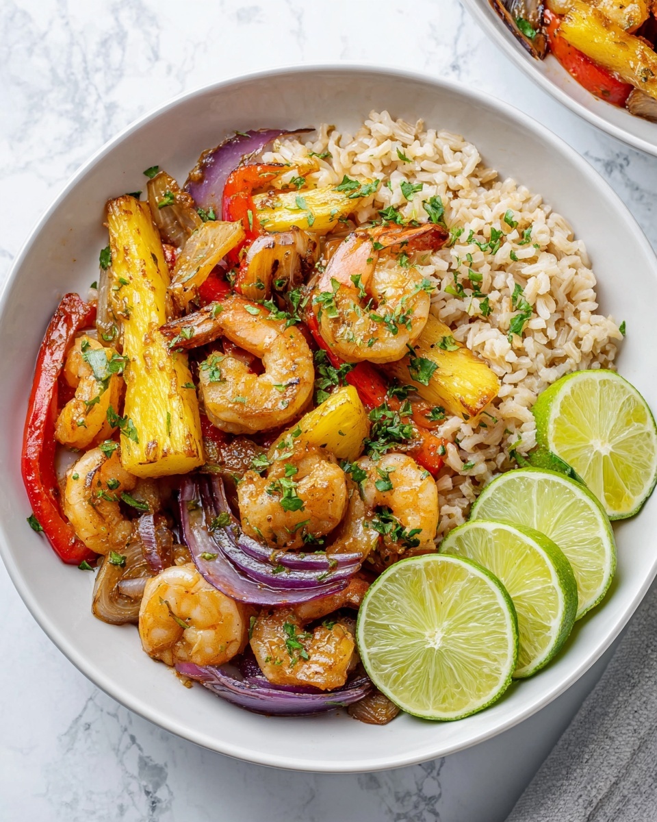 The dish is in a white bowl on a white marbled surface. The bottom layer is light brown cooked rice with a soft texture. On top, there is a mix of cooked shrimp colored orange-pink, grilled red bell pepper strips, browned purple onion wedges, and yellow grilled pineapple chunks. The shrimp and vegetables look slightly shiny and are sprinkled with chopped green herbs. Three fresh lime wedges with bright green skin and pale green inside are placed on the right side of the bowl. Photo taken with an iphone --ar 4:5 --v 7