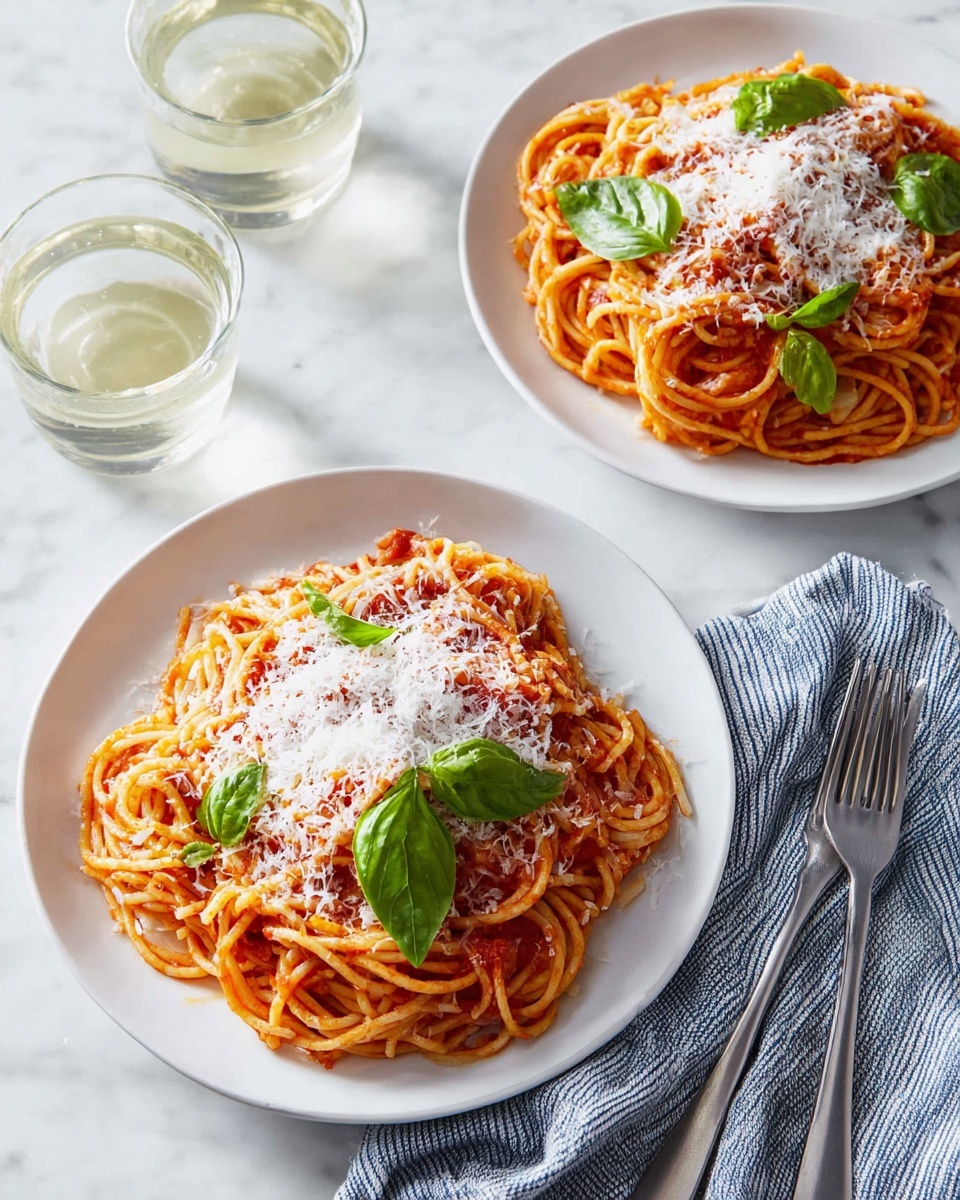 The image shows two white plates filled with spaghetti in a red tomato sauce. The spaghetti strands are piled in loose circular layers, topped with a generous amount of finely grated white cheese and several fresh green basil leaves scattered on top and around the pasta. The plates sit on a white marbled surface, with a blue and white striped cloth napkin nearby. Two metal forks rest on the napkin. In the upper part of the image, there are two partially visible clear wine glasses filled with a pale yellow drink. photo taken with an iphone --ar 4:5 --v 7