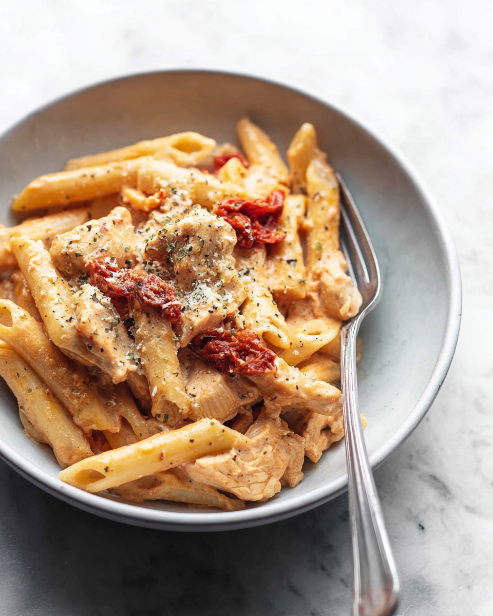 A white bowl holds a creamy pasta dish with three main layers: the bottom layer is short, tube-shaped penne pasta in a light orange cream sauce; the middle layer includes chunks of light brown cooked chicken mixed with the pasta; the top layer has small pieces of sun-dried red tomatoes scattered over the dish and a light sprinkle of grated cheese and black pepper on top. A silver fork rests inside the bowl, partially under some pasta. The background and surface are white marbled texture. Photo taken with an iphone --ar 4:5 --v 7