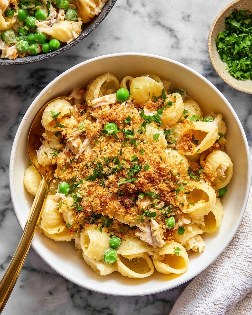 A white bowl filled with three layers: the bottom layer has round pasta shells cooked al dente with a light yellow sauce, the middle layer has shredded light brown chicken pieces mixed evenly, and the top layer is sprinkled with golden, crispy breadcrumbs and bright green peas, garnished with small green herb leaves; a brass fork rests inside the bowl on the left side, partly lifted as if ready to scoop; the bowl is set on a white marbled surface, with a small bowl of chopped green herbs nearby and part of a white cloth visible on the right side, photo taken with an iphone --ar 4:5 --v 7