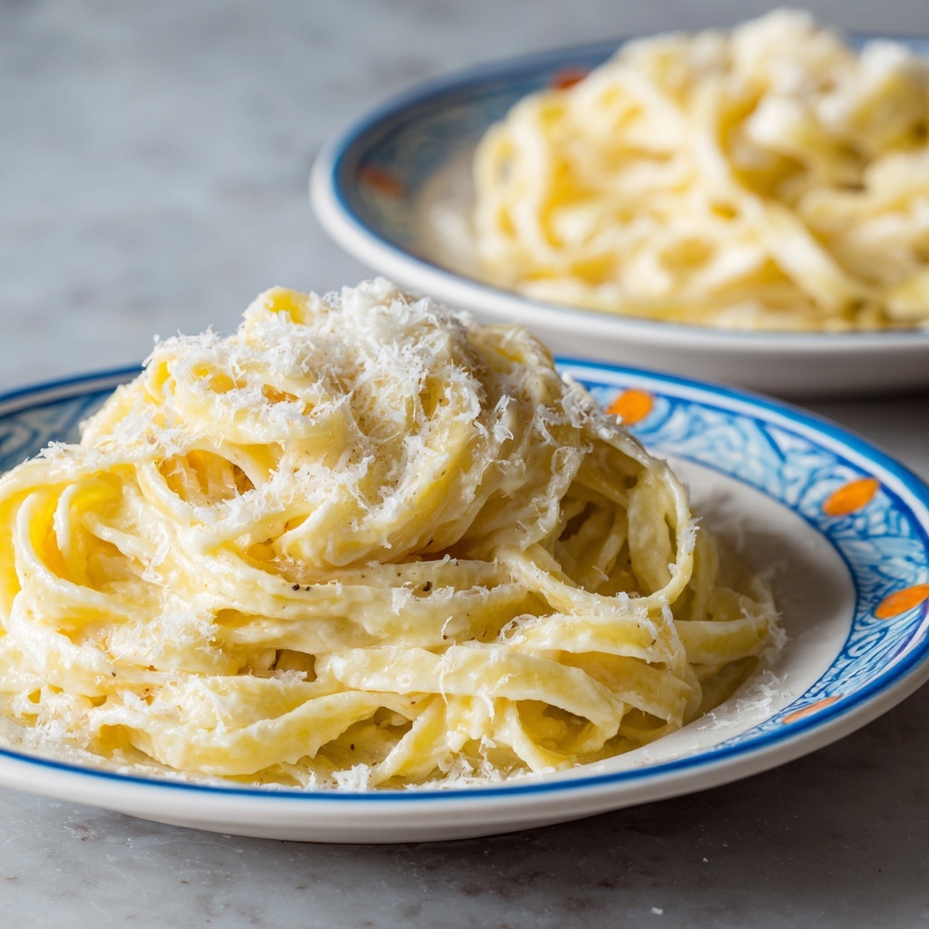 A close-up view of a mound of plain fettuccine pasta on a white plate with a blue rim and small orange decoration, topped with a light sprinkle of finely grated Parmesan cheese. The pasta noodles are thick, pale yellow, and slightly curled, appearing soft and lightly glossy without any sauce. The background is blurred, showing a similar plate with more pasta. Photo taken with an iphone --ar 4:5 --v 7