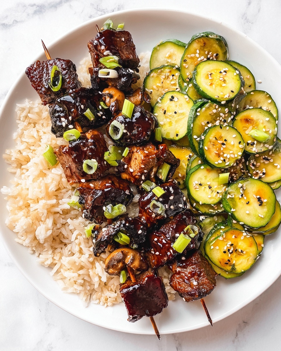 A white plate on a white marbled surface holds three skewers with dark brown grilled meat and chunks of grilled mushrooms and green onions, all glazed with a shiny, dark sauce and sprinkled with white and black sesame seeds and small green onion pieces. On the left side of the plate is a serving of light brown cooked rice with a slightly sticky texture. On the right side, there is a pile of thinly sliced cooked cucumbers in shades of light green and yellow with some black sesame seeds scattered on top. The composition is bright and colorful, showing a mix of textures from tender meat, soft rice, and fresh vegetables. photo taken with an iphone --ar 4:5 --v 7