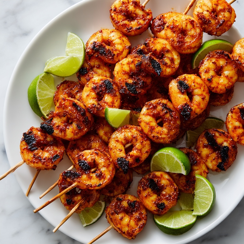 A round white plate is filled with about three layers of grilled shrimp skewers arranged closely together, each shrimp showing a mix of orange and charred dark brown colors with a slightly rough texture from the grilling. Small bright green lime wedges are placed randomly among the shrimp, adding fresh pops of color. The plate sits on a white marbled surface that contrasts with the vibrant colors of the shrimp and lime. photo taken with an iphone --ar 4:5 --v 7