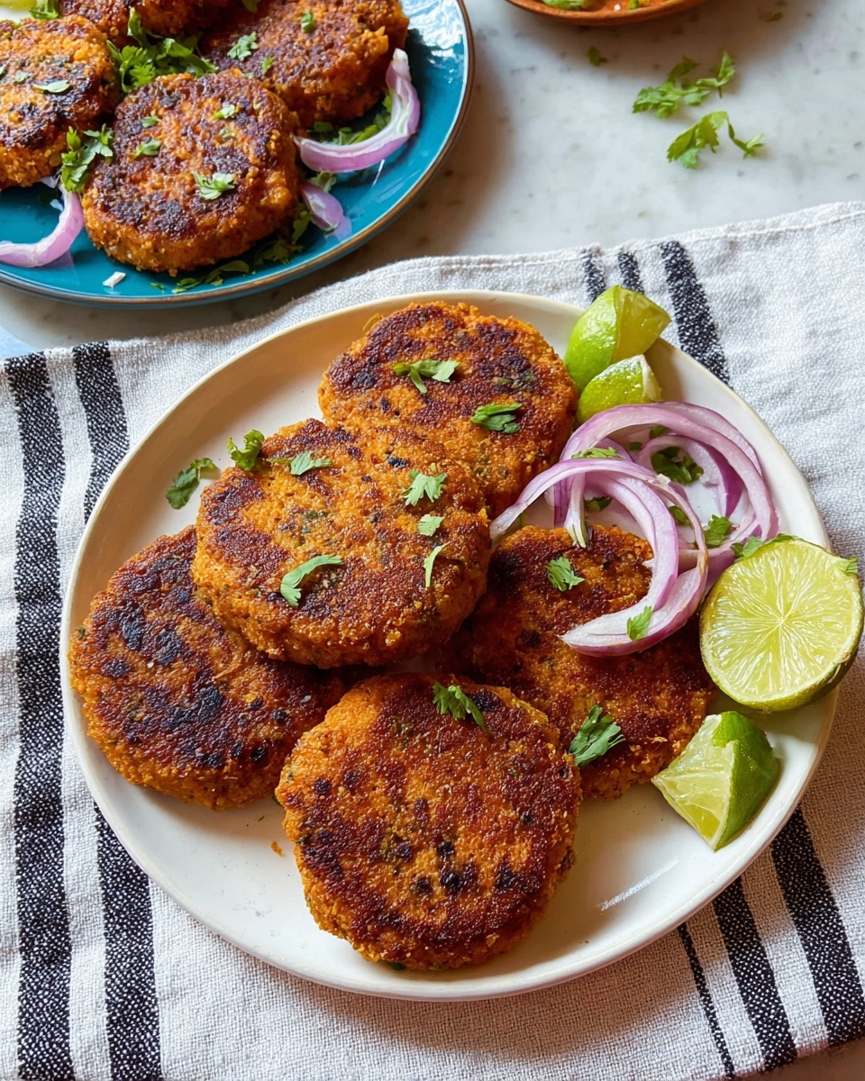 A white plate on a white marbled surface holds six round, golden-brown patties with a crispy texture, arranged in a circle around three thick slices of purple onion and a small wedge of lime placed in the center. Some tiny green herb garnishes are scattered on top of the patties, adding a fresh touch. The colors are warm and inviting, highlighting the rich browns of the patties against the vibrant purple of the onions and the bright yellow-green of the lime. Photo taken with an iphone --ar 4:5 --v 7