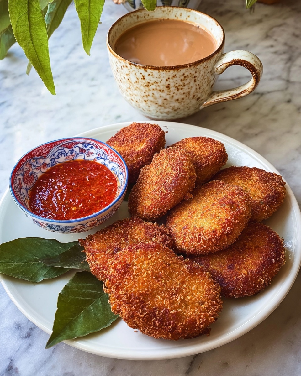 A close-up view of a woman's hand holding a single golden-brown fried croquette with a visible bite taken out, showing a soft, light yellow filling inside with a slightly crumbly texture. In the background, a white plate holds several similar round croquettes stacked together, all with crispy outer coatings. Next to them, there is a small white bowl with a blue and red pattern on the rim, filled with thick, smooth red sauce. Two green leaves are placed behind the bowl and croquettes, adding a fresh touch. The scene is set on a white marbled surface. photo taken with an iphone --ar 4:5 --v 7