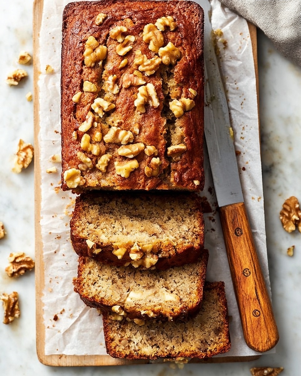 A loaf of nut bread sits on a white parchment paper on a wooden board, with the top covered in chunky, light brown walnut pieces. The bread has a rough, textured crust with a warm brown color. Two uneven slices lie in front of the loaf, showing a dense interior filled with small, darker nut bits scattered throughout. A white handled knife with three brass rivets rests beside the bread on the board. Some extra walnut pieces are scattered on the white marbled surface and in a small white bowl to the left. photo taken with an iphone --ar 4:5 --v 7
