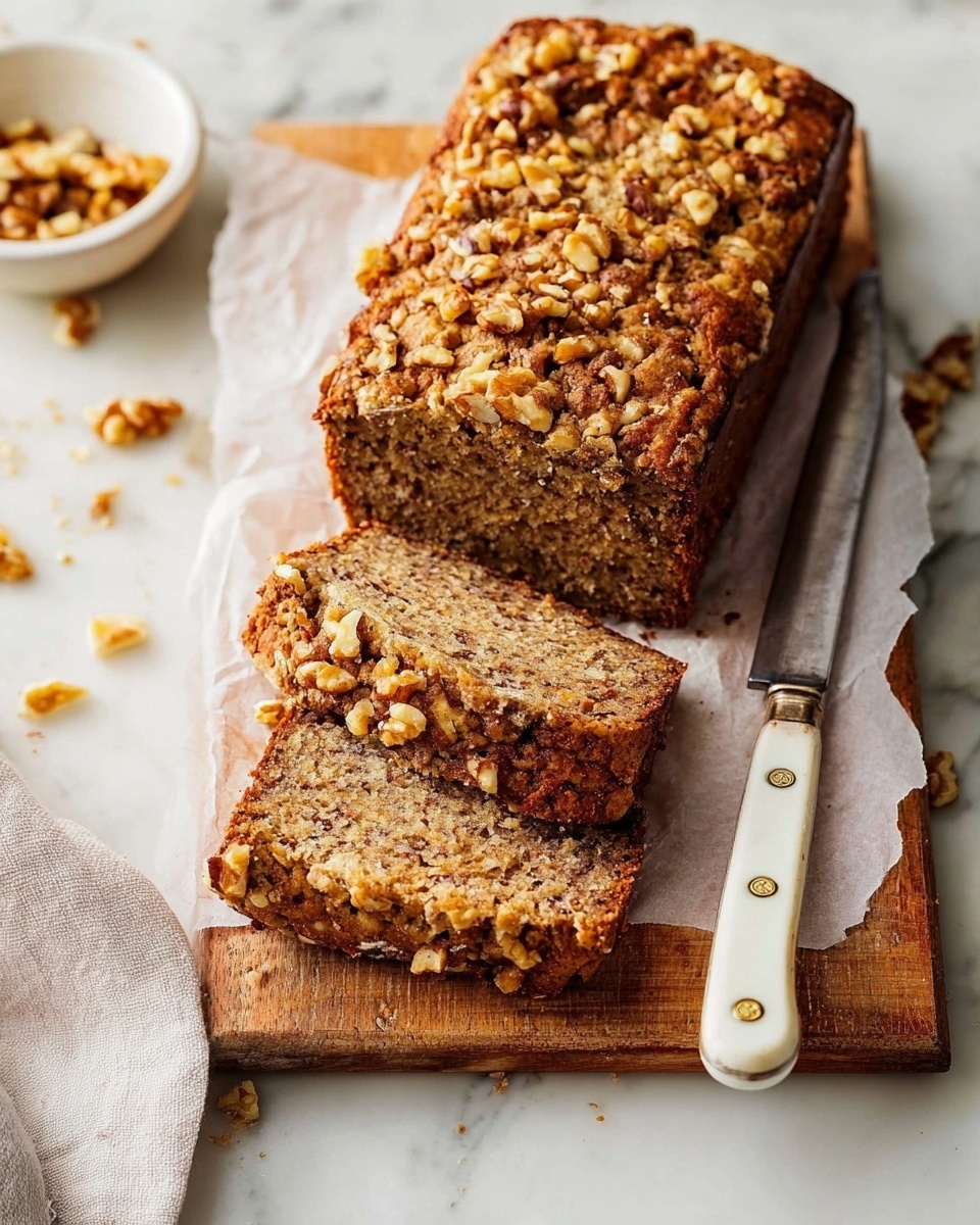 The image shows a loaf of banana nut bread on a white marbled surface with a wooden cutting board underneath. The bread has a golden brown crust covered with chopped walnuts on top. Two thick slices are cut from the loaf and placed in front, revealing a moist inside with visible bits of nuts and banana mixed evenly. The texture inside looks soft and dense with a crumbly crust. Near the top left corner, some loose walnut pieces are scattered. Photo taken with an iphone --ar 4:5 --v 7