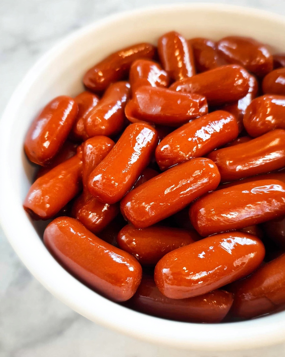 The image shows a close-up of a white bowl filled with many small, shiny, reddish-brown sausages. The sausages are smooth and glossy, tightly packed inside the bowl, with highlights reflecting light on their surfaces. The background has a white marbled texture, adding a clean and bright look to the scene. photo taken with an iphone --ar 4:5 --v 7