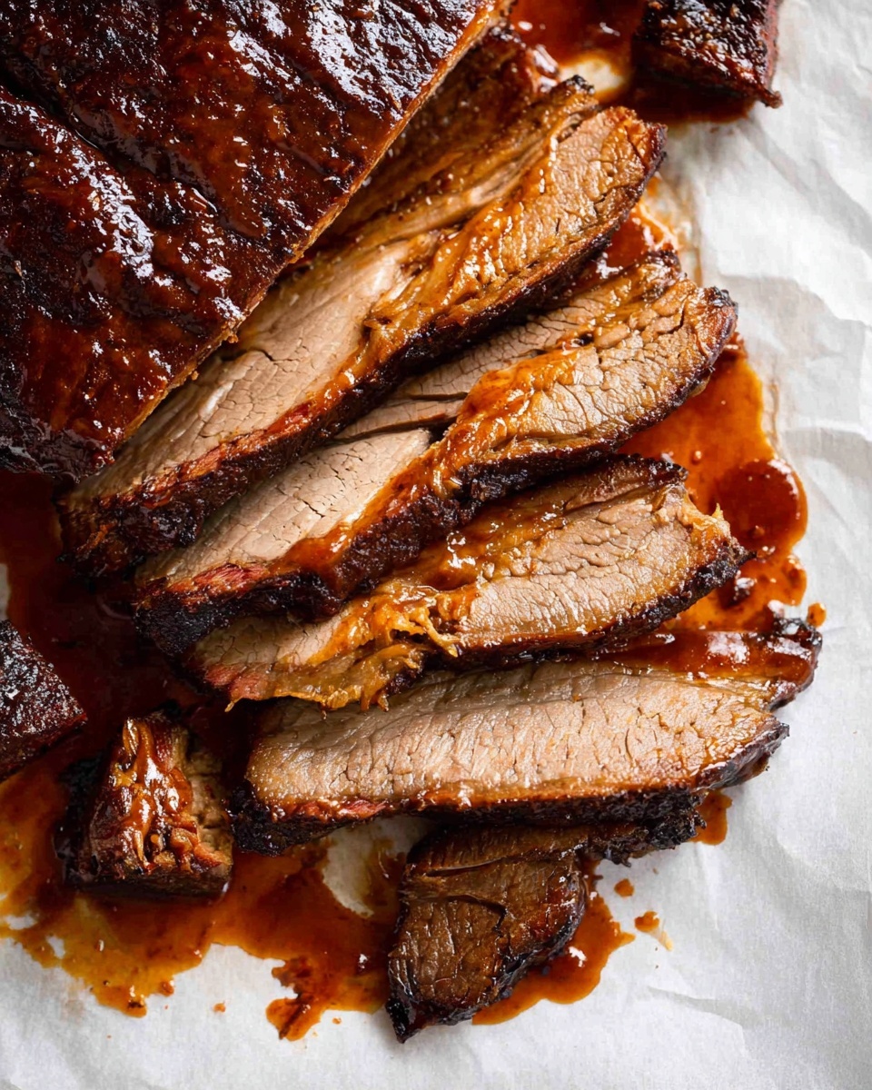 The image shows a large piece of dark brown, glazed meat with a shiny, slightly charred surface, placed on crumpled white paper on a white marbled surface. To the right of the main meat piece, there are several thin slices of the same meat, displaying a light brown interior with slightly darker edges. A wooden basting brush with some sauce rests near the top right corner, with sauce stains visible on the paper beneath the meat. photo taken with an iphone --ar 4:5 --v 7