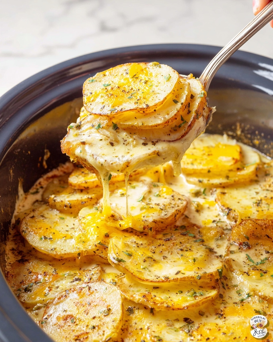 This dish shows several layers of thin potato slices, browned on the edges, stacked inside a dark pot. Each layer is covered with melted yellow cheese that has a slightly shiny and bubbly texture, with specks of black pepper and green herbs scattered on top. The spoon is lifting some of the cheesy potato slices, showing their soft texture and the creamy sauce underneath, which is light yellow and smooth. The overall look is warm and cheesy with a mix of yellow, brown, and green colors throughout. photo taken with an iphone --ar 4:5 --v 7
