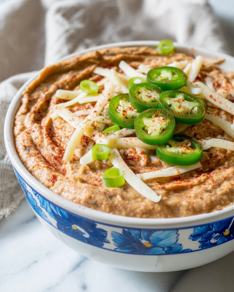 A white bowl with blue flower patterns is filled with a thick, light brown creamy mixture. On top, there are thin slices of fresh green jalapeño and chopped green scallions scattered evenly. Light yellow shredded cheese is spread across the surface. The bowl is placed on a white marbled surface with a beige, gray, and red striped cloth folded beside it photo taken with an iphone --ar 4:5 --v 7