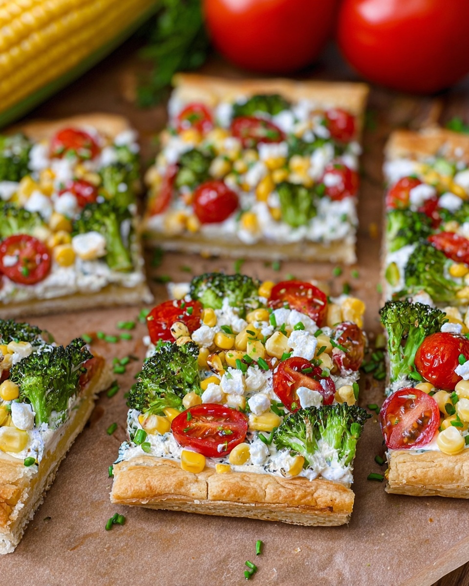 The image shows a rectangular vegetable tart cut into six pieces on a brown baking sheet, placed on a white marbled surface. The tart has a golden, flaky crust as the bottom layer. On top of the crust is a smooth, white creamy layer spread evenly. The third layer is made up of bright, fresh vegetables including halved red cherry tomatoes, small green broccoli florets, and yellow corn kernels scattered all over. White crumbled cheese is sprinkled generously across the vegetables, adding a soft texture contrast. The tart pieces are neatly separated with some crumbs near the edges. Photo taken with an iphone --ar 4:5 --v 7