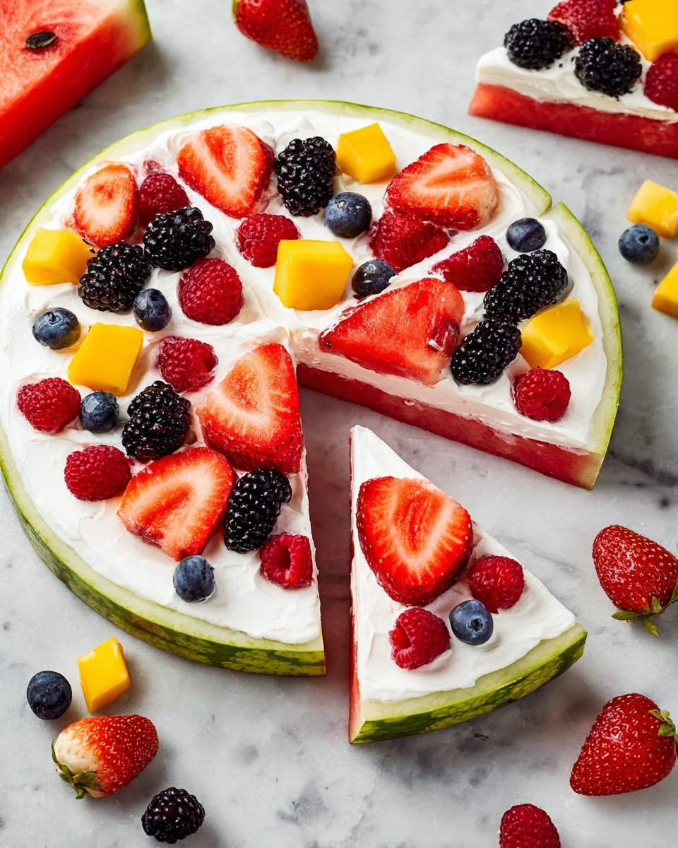 A round slice of watermelon with dark green rind and pink flesh is divided into six triangular pieces like a pizza. Each slice is topped with a thick layer of white cream. On top of the cream, there are fresh fruit pieces: halved red strawberries with green leaves, whole blackberries, whole blueberries, red raspberries, and small yellow mango chunks scattered evenly. Around the watermelon, there are loose blueberries, strawberries, blackberries, and raspberries on a white marbled surface. photo taken with an iphone --ar 4:5 --v 7
