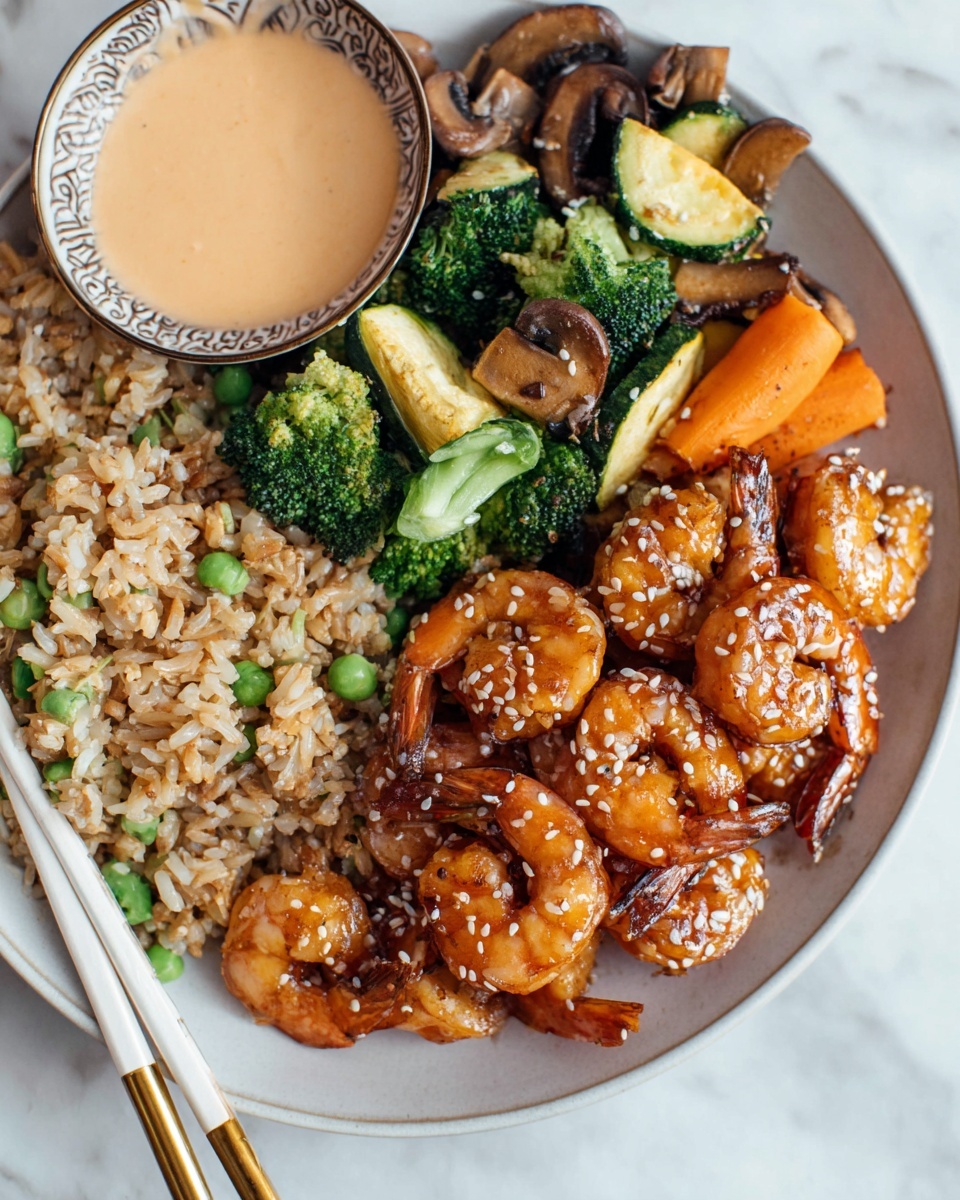 A close-up image shows a single cooked shrimp being held by gold-colored chopsticks lifted above a small white bowl with a blue pattern on the rim filled with a creamy light orange sauce. The background is softly blurred, featuring a glass bowl filled with more cooked shrimp on a white marbled surface with a woven placemat underneath. A woman's hand is holding the chopsticks, gently dipping the shrimp into the sauce. photo taken with an iphone --ar 4:5 --v 7