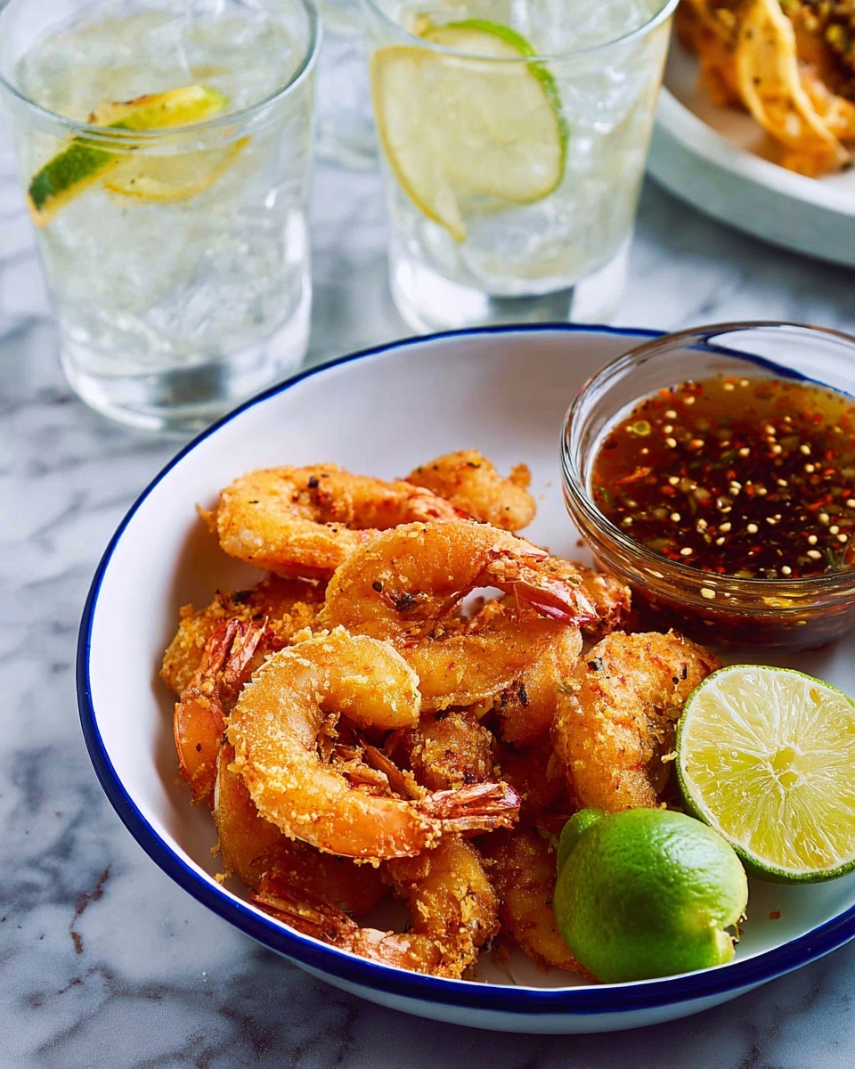 A white bowl with a blue rim is filled with a pile of golden fried shrimp, sprinkled with fresh green herbs. On the right side of the bowl sits a small clear glass bowl filled with a red chili sauce, speckled with bits of chili and garlic. Thin slices of green lime rest beside the sauce, along with a bunch of fresh green parsley. Around the bowl on the white marbled surface are several lime wedges. At the top right, a white plate holds three more fried shrimp over a spoonful of red sauce. On the left side of the image, two glasses filled with ice and lemon slices are visible. A small scalloped silver dish with a spoon rests near the top right corner of the main bowl, filled with a coarse light brown spice mix. photo taken with an iphone --ar 4:5 --v 7