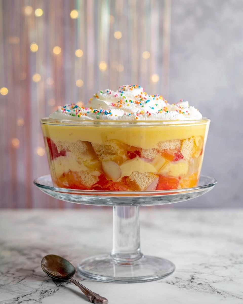 A clear glass bowl shows a three-layer dessert on a clear glass cake stand, set on a white marbled surface; the bottom layer is made of light pink and orange fruit pieces mixed with soft, pinkish sponge cake, the middle layer is a smooth, pale orange custard, and the top layer is a thick white cream topped with small round colorful sprinkles spread evenly across its surface; the glass bowl is round and reveals each layer clearly photo taken with an iphone --ar 4:5 --v 7
