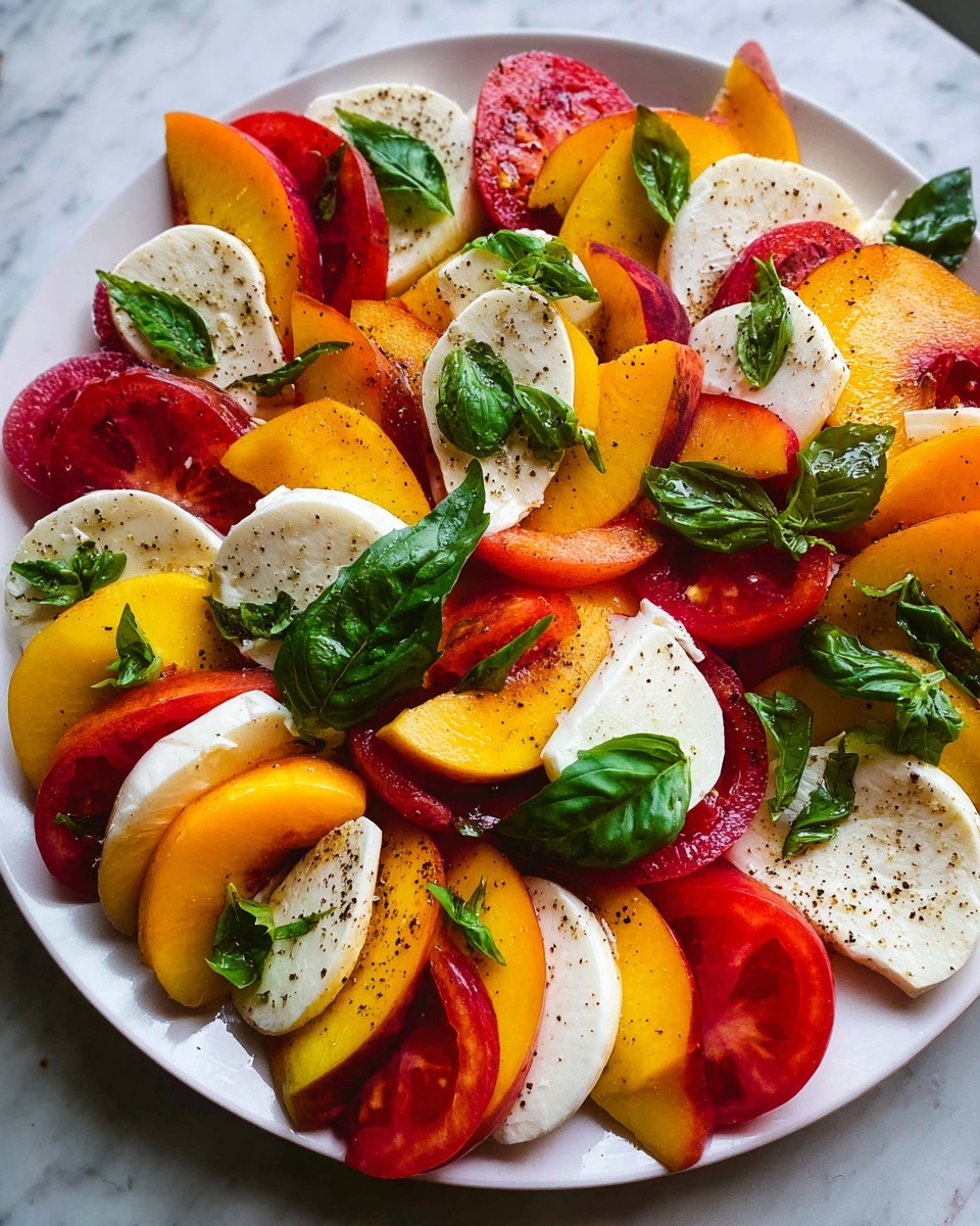 The dish is a colorful salad arranged in a white plate on a white marbled surface. It has four layers: bright yellow and red peach slices with soft, smooth texture on top, thick white round mozzarella cheese slices underneath, juicy red tomato wedges in the middle, and fresh dark green basil leaves scattered all over. The salad is sprinkled lightly with black pepper, adding small dark specks across the layers. The combination of soft cheese, juicy fruit, and fresh herbs creates a vibrant and fresh look. Photo taken with an iphone --ar 4:5 --v 7