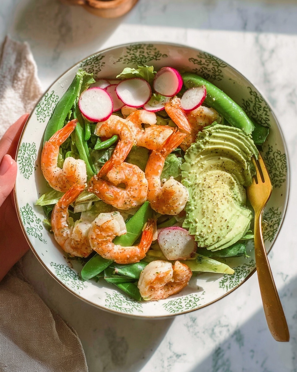 The image shows a fresh salad in a white bowl with green decorative patterns around the edge, placed on a white marbled surface. The salad has several layers: a base of leafy greens, topped with bright orange cooked shrimp arranged around the sides. On top of the shrimp, slices of pale green avocado with a textured pattern cover one section. There are also thinly sliced red radishes and small green snap peas scattered evenly across the salad. A woman's hand is holding a wooden fork next to the bowl. The lighting is natural and bright, highlighting the fresh colors and textures. photo taken with an iphone --ar 4:5 --v 7