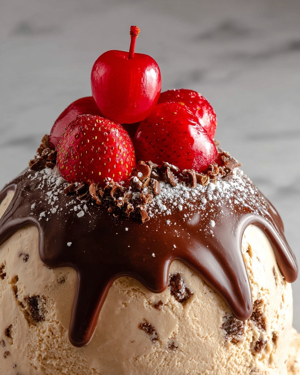 A close-up of a dome-shaped dessert with a rich light brown ice cream base that has small darker bits mixed in. The ice cream is topped with a thick, glossy dark chocolate layer that drips gently down the sides. On top of the chocolate layer, there are two bright red strawberries and three shiny red cherries with stems, arranged in the center. A light dusting of powdered sugar is sprinkled over the chocolate. The background has a clean white marbled texture. Photo taken with an iphone --ar 4:5 --v 7