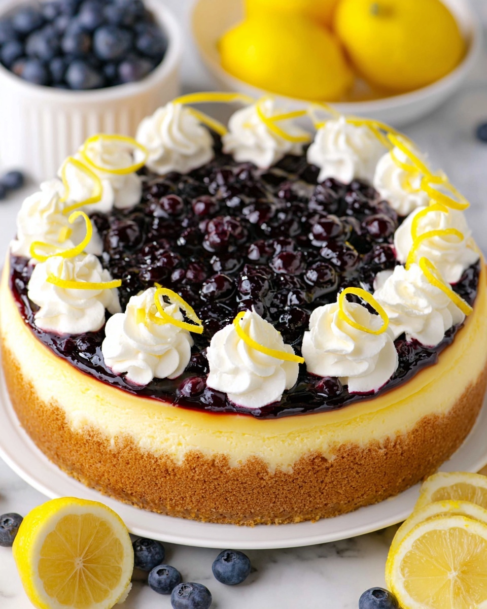 This image shows a three-layered blueberry cheesecake on a white scalloped plate with a white marbled surface beneath. The bottom layer is a thick, golden brown crumb crust that looks firm and crunchy. Above this is a pale yellow creamy cheesecake layer with visible whole blueberries inside. The top layer is a shiny, dark purple blueberry sauce with whole blueberries scattered evenly. Around the edge are four small swirls of white whipped cream, each topped with a thin lemon slice. Some blueberries and crumbs are scattered on the plate. In the back, a white bowl filled with fresh blueberries and whole yellow lemons add color to the scene. Photo taken with an iphone --ar 4:5 --v 7