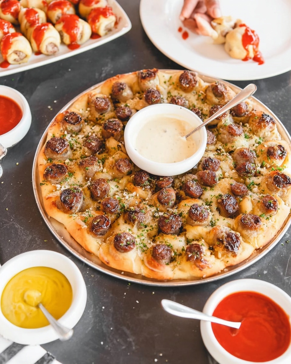 A round metal pan filled with many small sausage pieces wrapped in golden-brown dough, arranged tightly in a spiral pattern from the outside edge to the center. Each sausage end is dark reddish-brown with a shiny texture, peeking out from soft, slightly crispy dough with some specks of green herbs scattered on top. The pan rests on a wood-colored surface, with a bit of white fabric visible in the top left corner. The whole dish looks warm and freshly baked. Photo taken with an iphone --ar 4:5 --v 7
