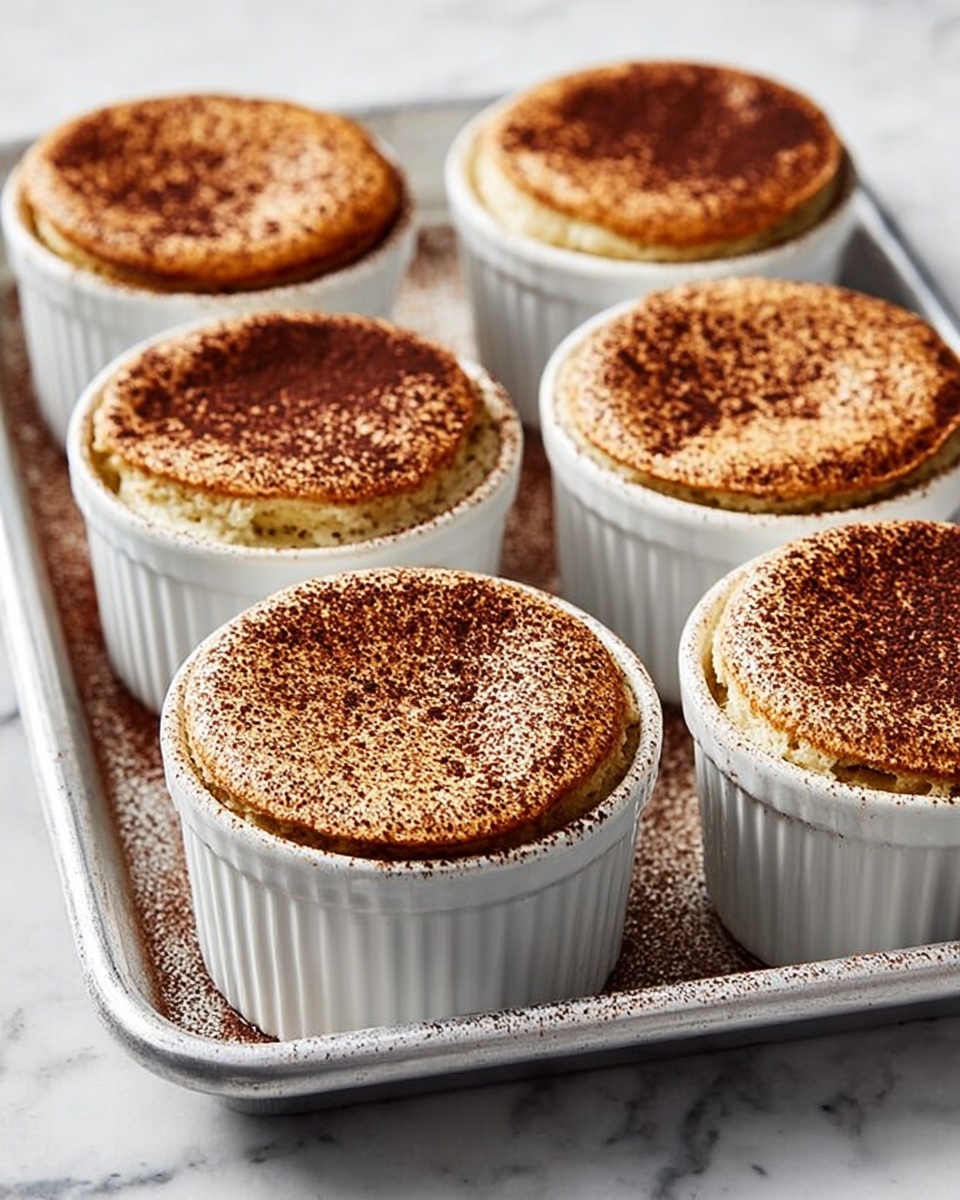Six white round ramekins are placed on a silver baking tray with a white marbled surface underneath. Each ramekin holds a single golden-brown soufflé that has risen above the rim, with a light dusting of cocoa or cinnamon powder on top giving a speckled dark brown and greenish appearance. The soufflé surface looks soft and slightly textured, with a smooth, risen dome shape. The tray is viewed from a slight angle, showing the soufflés neatly arranged in two rows of three. photo taken with an iphone --ar 4:5 --v 7