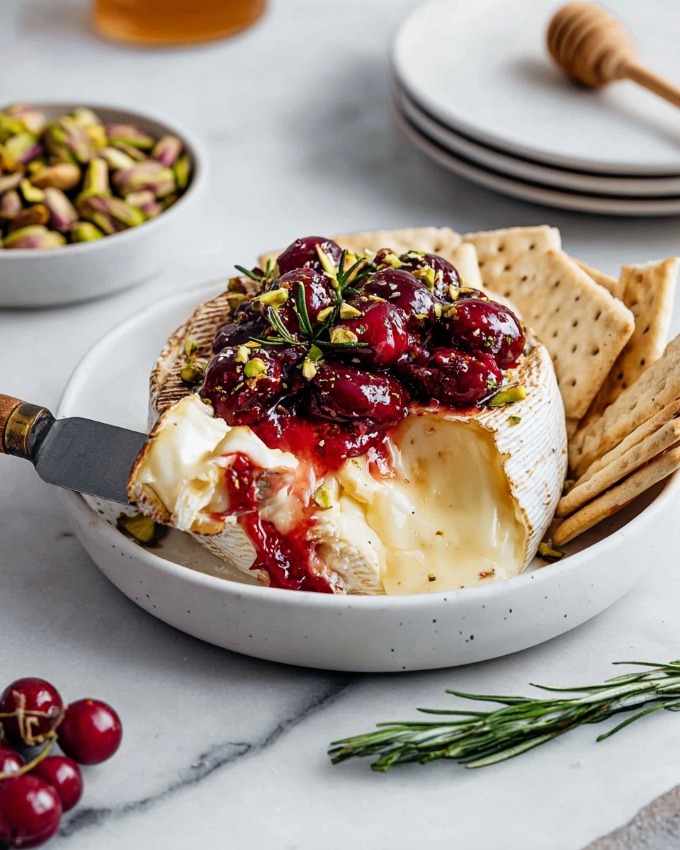 A round wheel of melted cheese sits in the center of a white bowl with a soft, creamy texture oozing out as a knife lifts some cheese. The top layer is covered with a vibrant red sauce with whole cherries and small green rosemary sprigs, sprinkled with chopped pistachios. Around the cheese wheel, there are light brown crackers leaning inside the bowl. The bowl sits on a white marbled surface with a few loose rosemary leaves and a small bunch of red berries next to it. In the background, there is a white bowl filled with chopped pistachios and a stack of three white plates. A jar of honey with a wooden dipper is partly visible. photo taken with an iphone --ar 4:5 --v 7