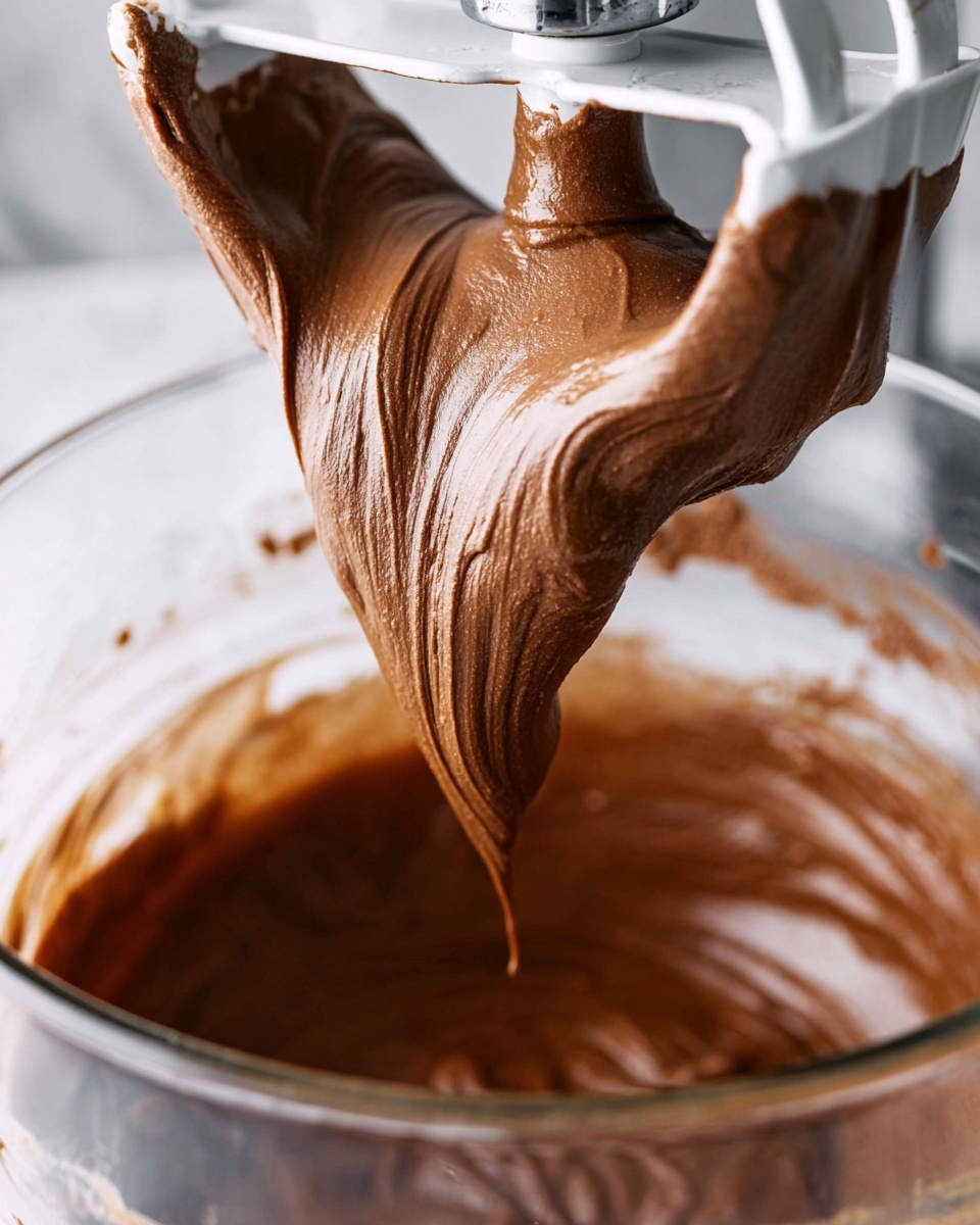 This image shows a close-up of thick, smooth chocolate batter wrapped around a white mixer paddle attachment, lifted above a transparent glass bowl. The rich brown batter has a creamy, soft texture with a slight shine and some air bubbles. The glass bowl has visible batter residue on its sides and is set against a white marbled background. photo taken with an iphone --ar 4:5 --v 7
