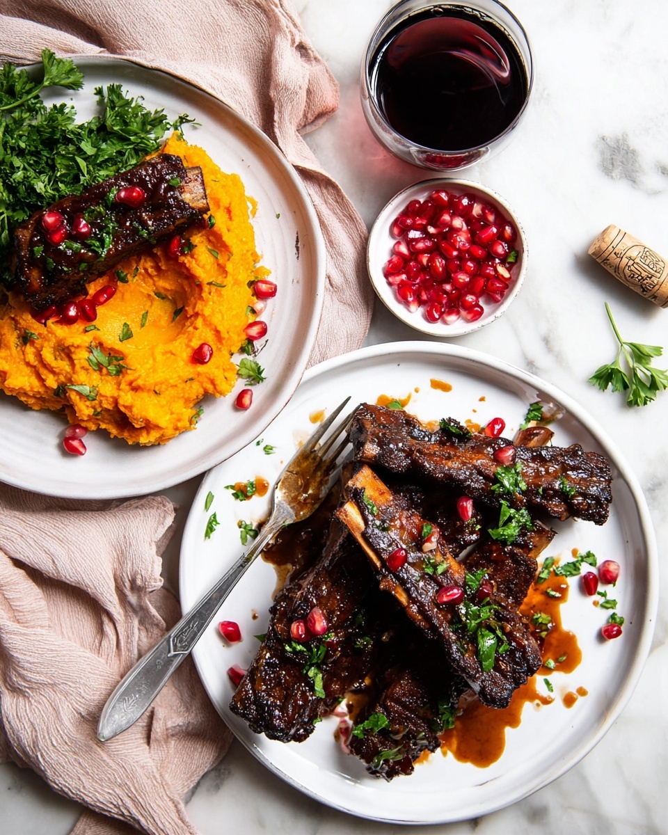 A white plate with bright orange mashed sweet potatoes spread on the left side, rough in texture and thick, holding three dark glazed ribs stacked on top of each other on the right side, each rib shiny with a thick dark sauce and dotted with bright red pomegranate seeds. In the middle on top of the ribs sits a small bunch of fresh green parsley. A silver fork rests on the left side of the plate, partly in the sweet potatoes. The plate is on a white marbled surface with a pink cloth in the upper right corner. Photo taken with an iphone --ar 4:5 --v 7