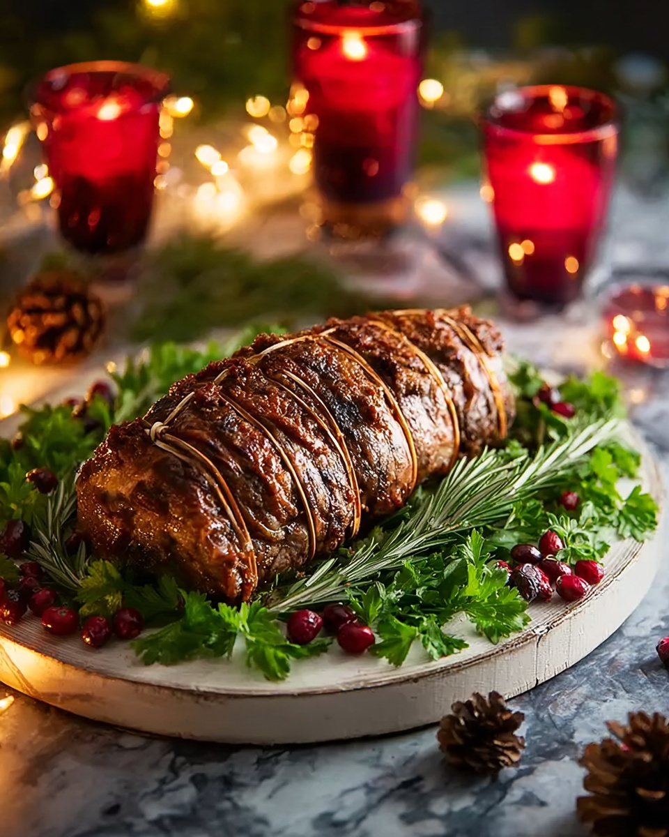 The image shows a large, browned roast tied with string, sitting on a bed of fresh green parsley and scattered red cranberries, all arranged on a round white wooden board. The roast looks tender with a slightly textured surface and is topped with fresh sprigs of rosemary. Around the board, there are bright red lit candles inside glass holders, pine cones, and small fairy lights that add a warm glow to the cozy scene. The background and surface feature a white marbled texture that enhances the festive and elegant look of the setup. photo taken with an iphone --ar 4:5 --v 7